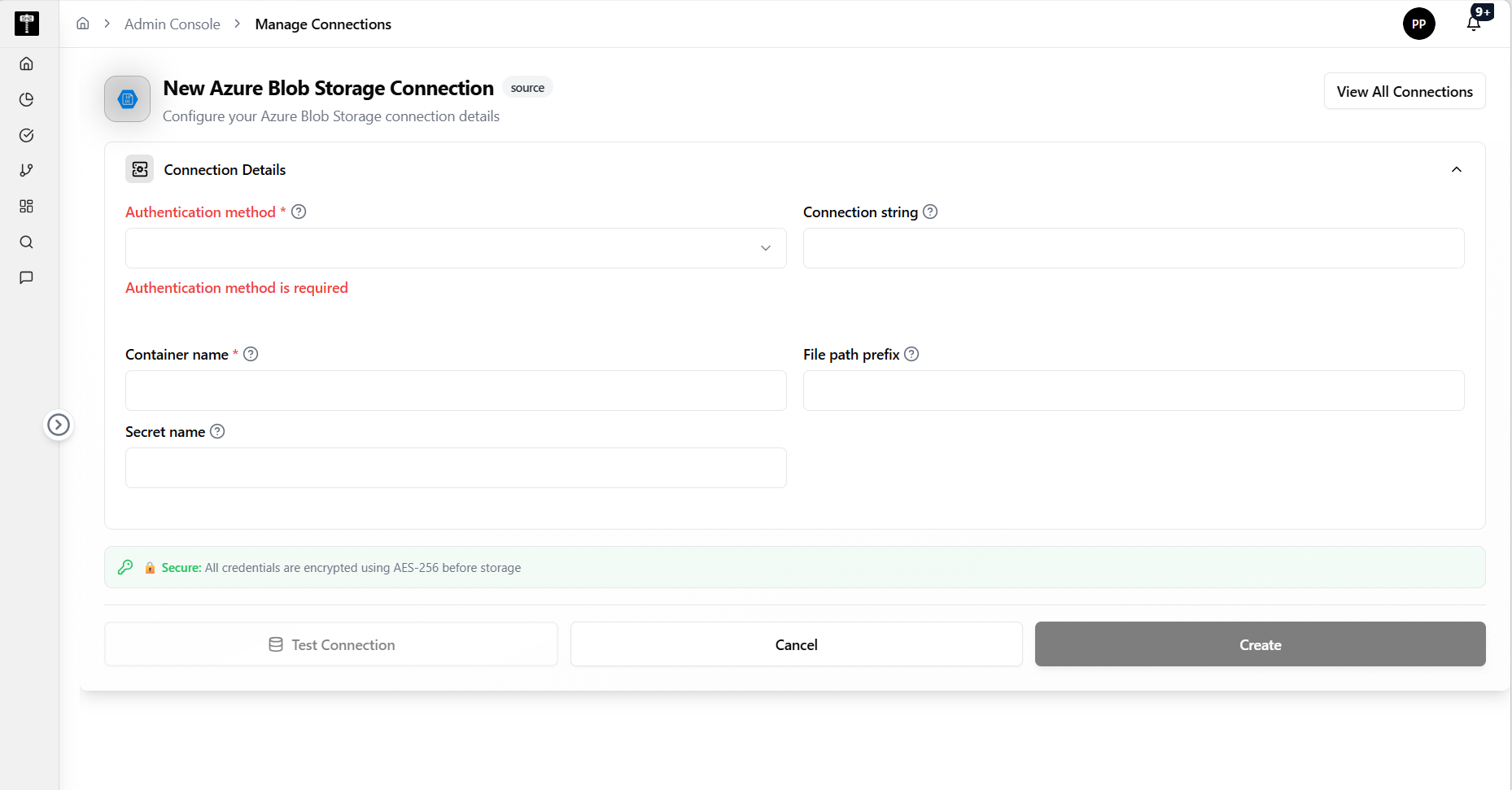Add Azure Blob Storage connection configuration form