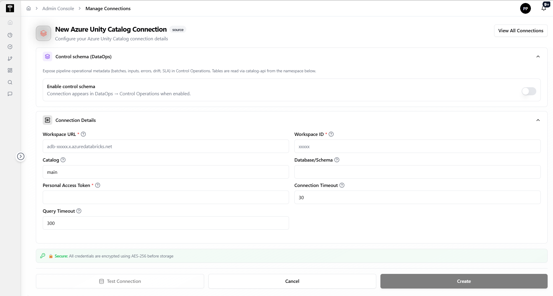 Add Azure Unity Catalog connection configuration form