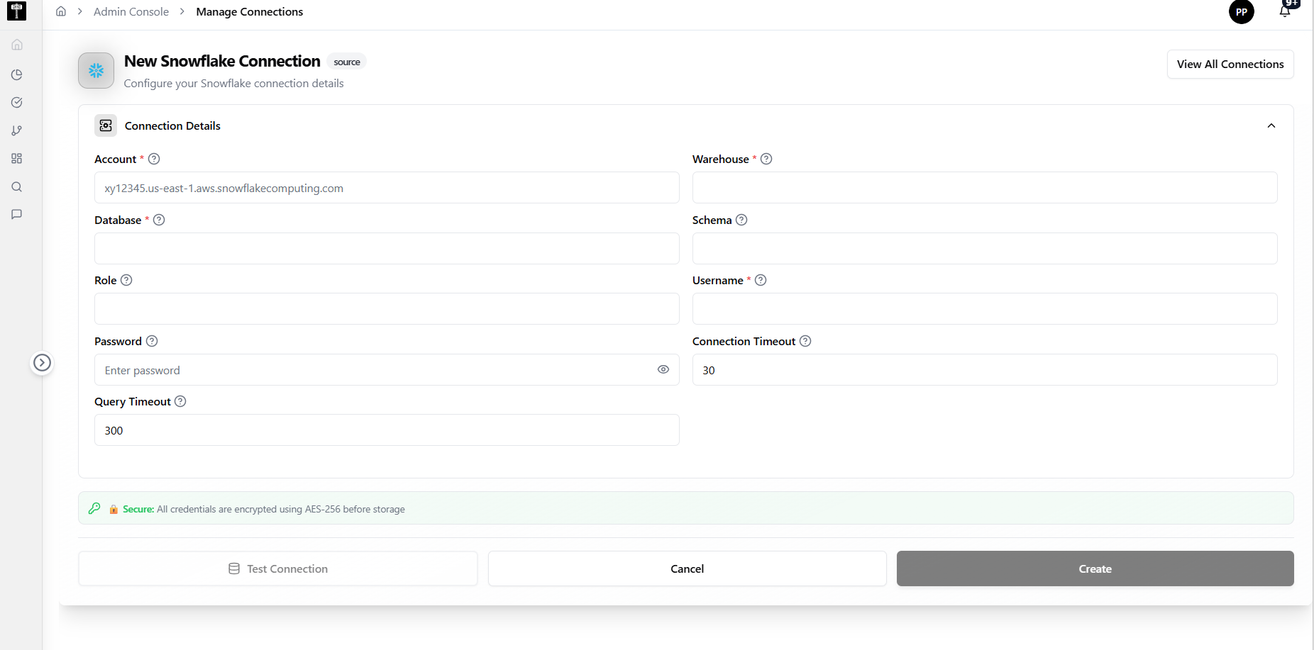 Add Snowflake connection configuration form