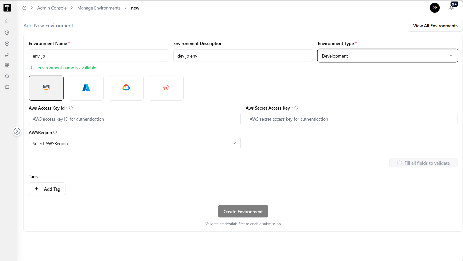 Add AWS environment configuration form