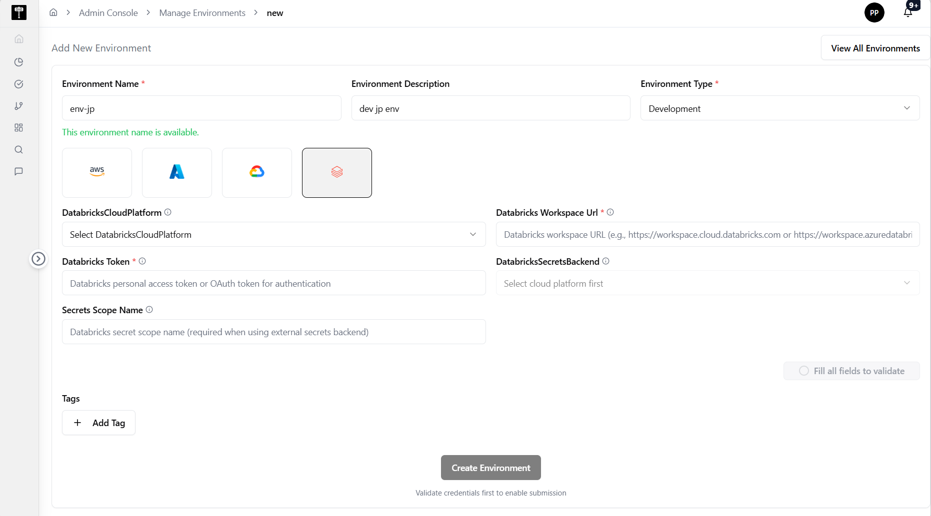 Add Databricks environment configuration form