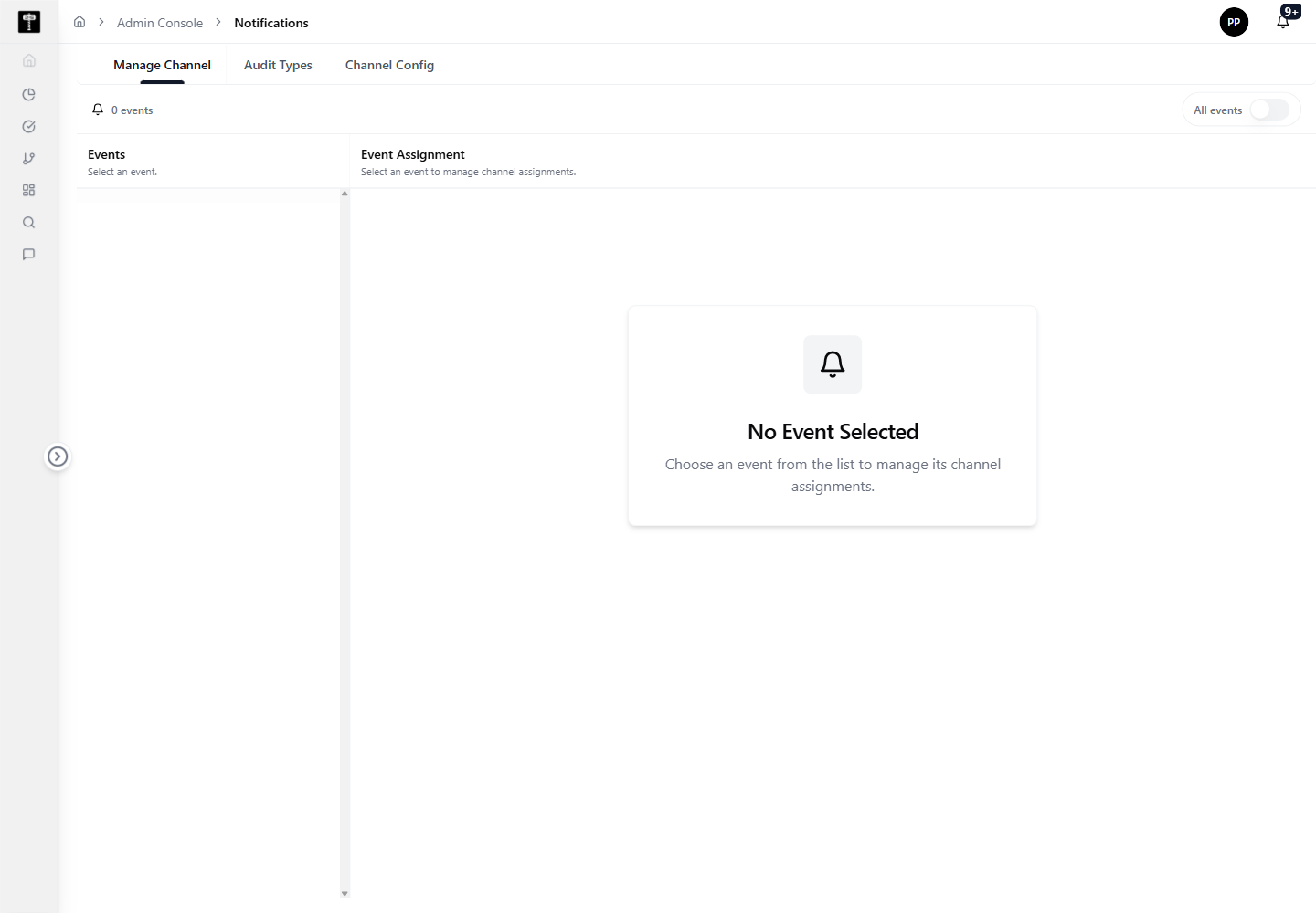 Notifications administration page showing audit types and channel configuration