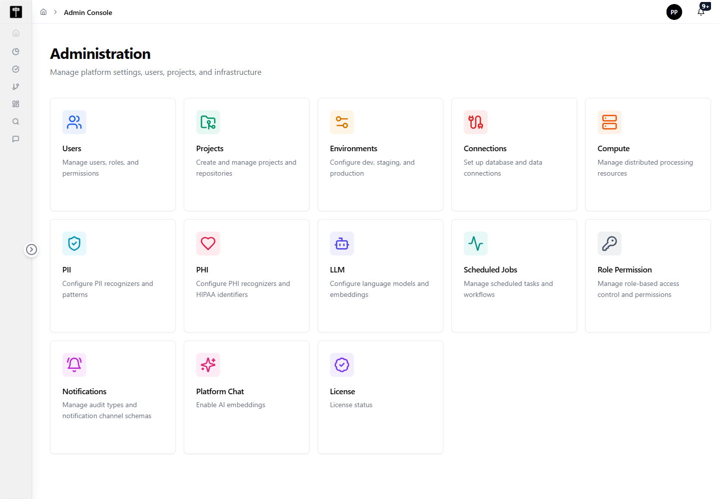 Admin overview page showing the card-based administration console
