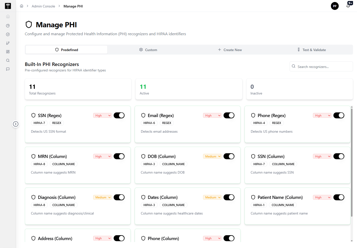 PHI administration page showing HIPAA recognizer configuration