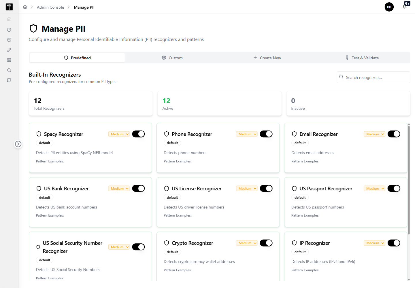 PII administration page showing recognizer configuration