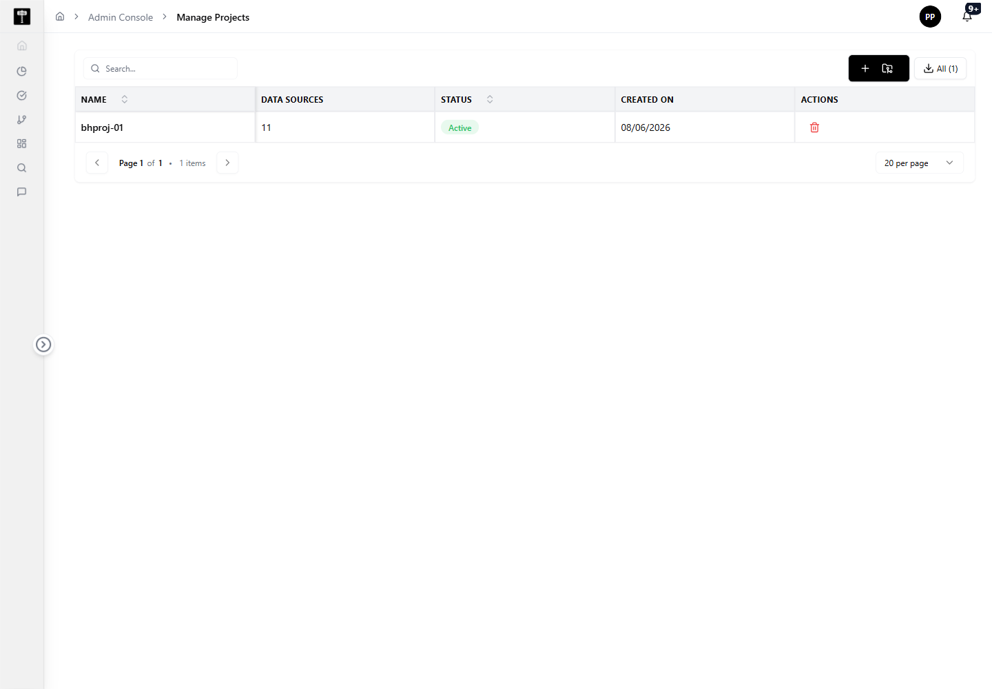 Projects administration page showing the project list and configuration options