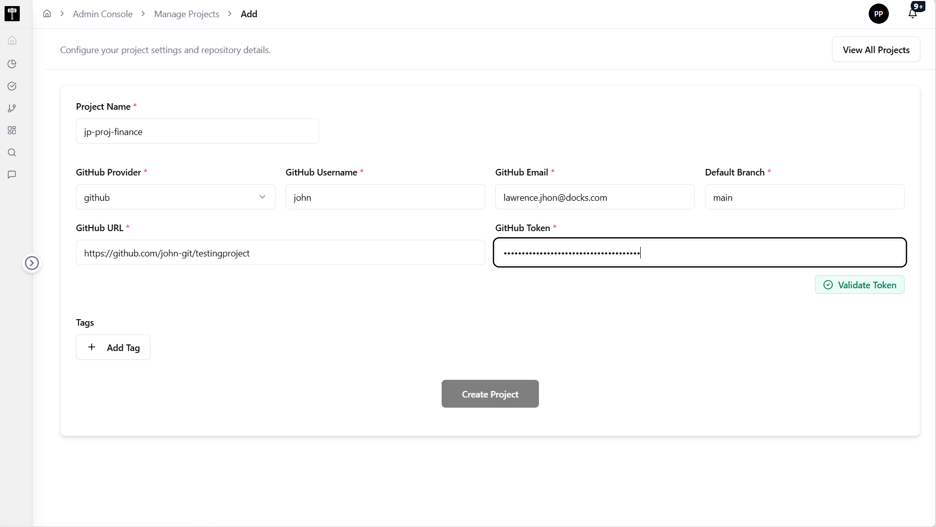 Add Project page showing project settings and repository details form