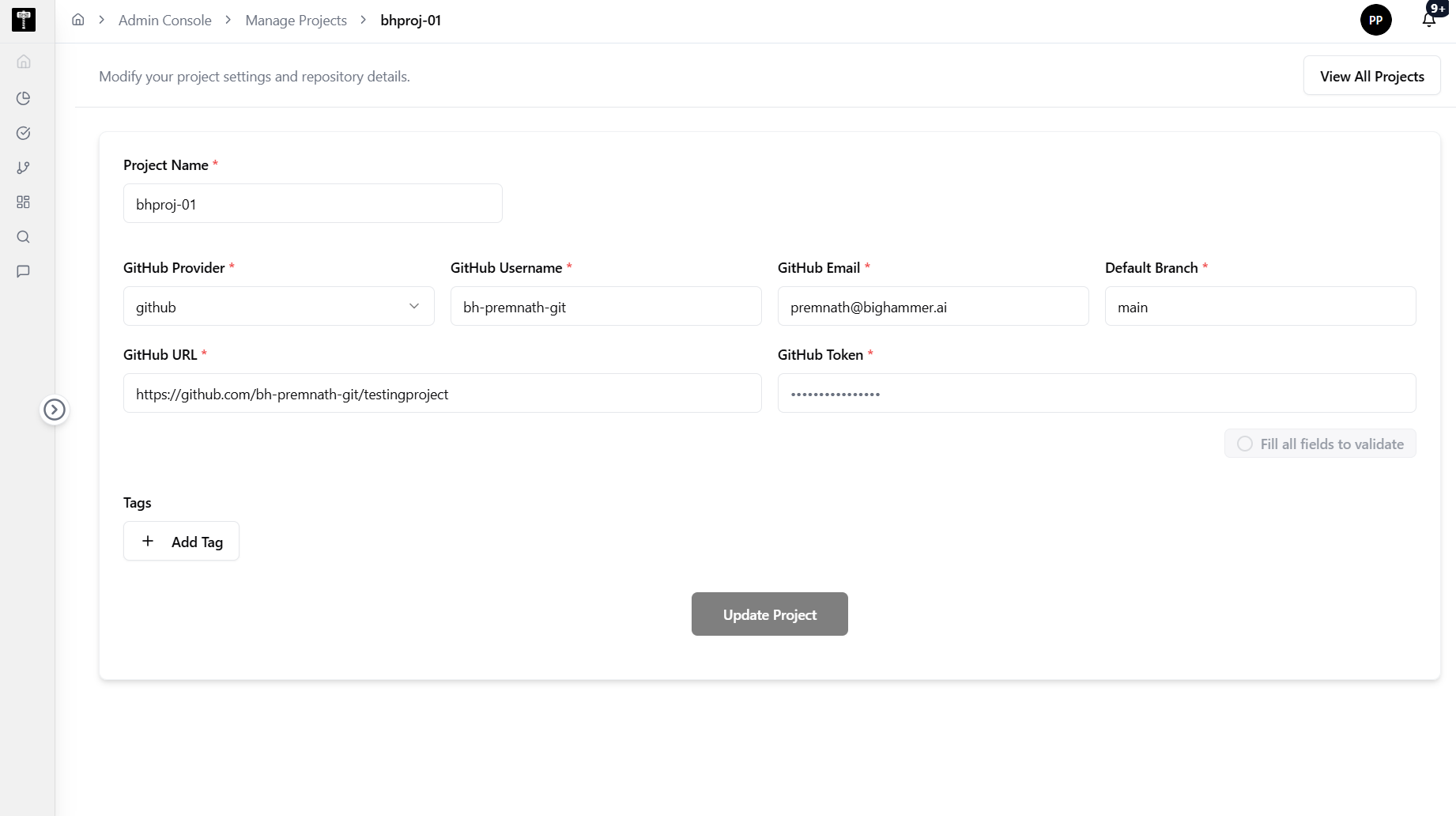 Edit Project page showing project settings and repository details form
