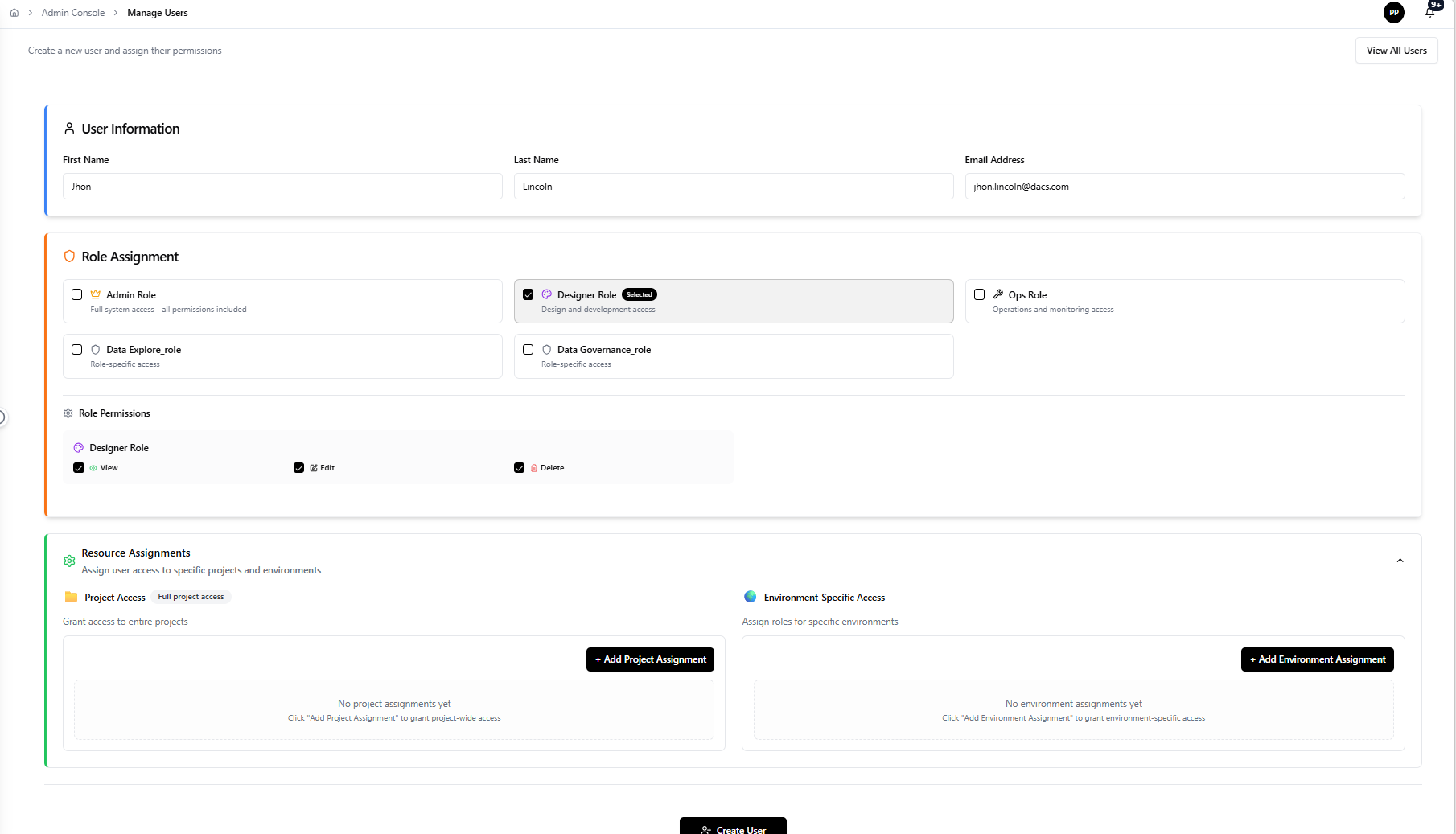 Add User page showing user information form, role assignment, role permissions, and resource assignments