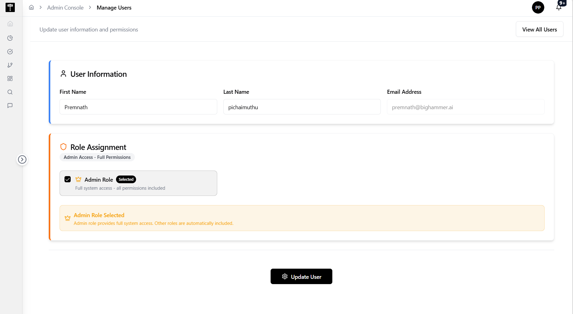 Edit User page showing user information form, role assignment, role permissions, and resource assignments