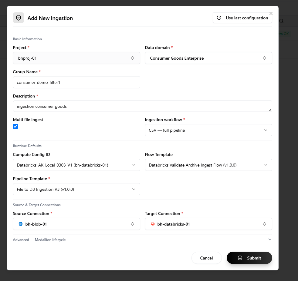Add Ingestion form showing environment, source, target, and table selection