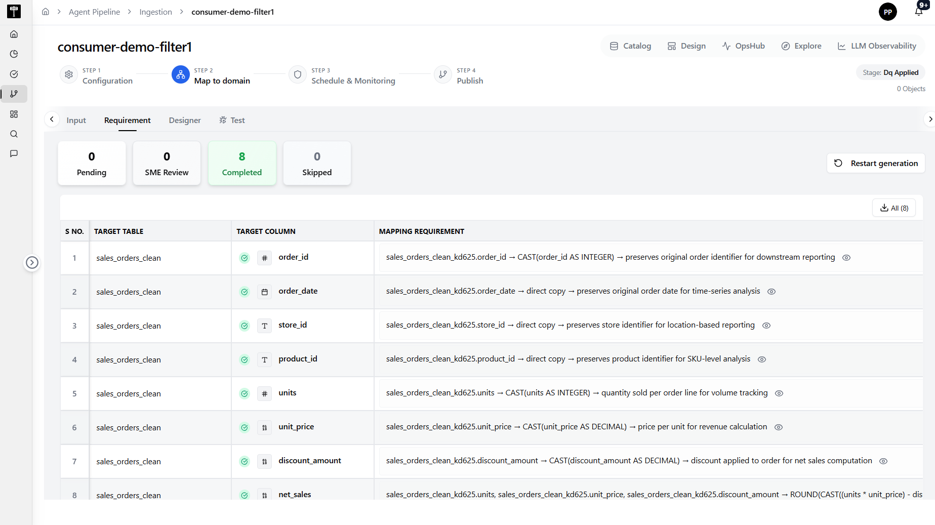 Requirement tab showing mapping requirements and validation rules