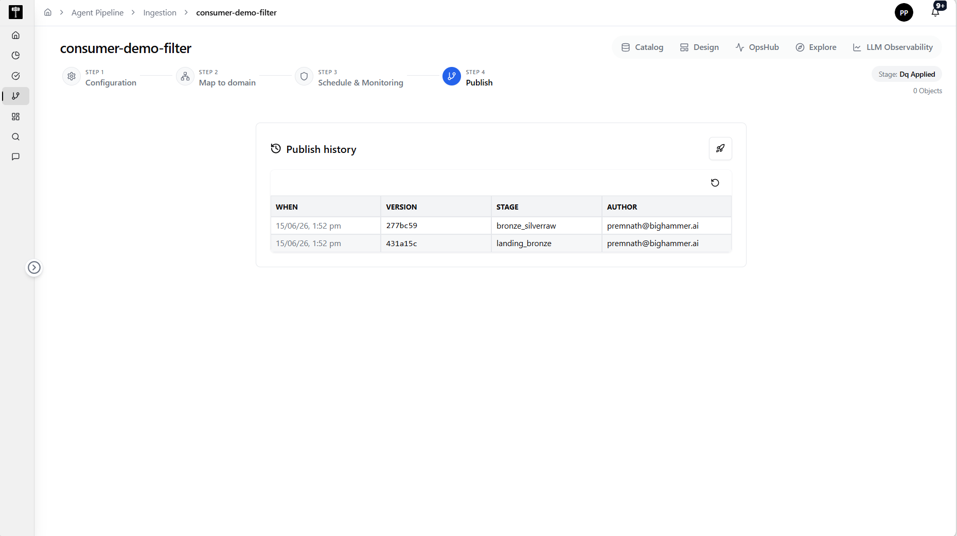 Publish page showing pipeline details, configuration summary, and publish action