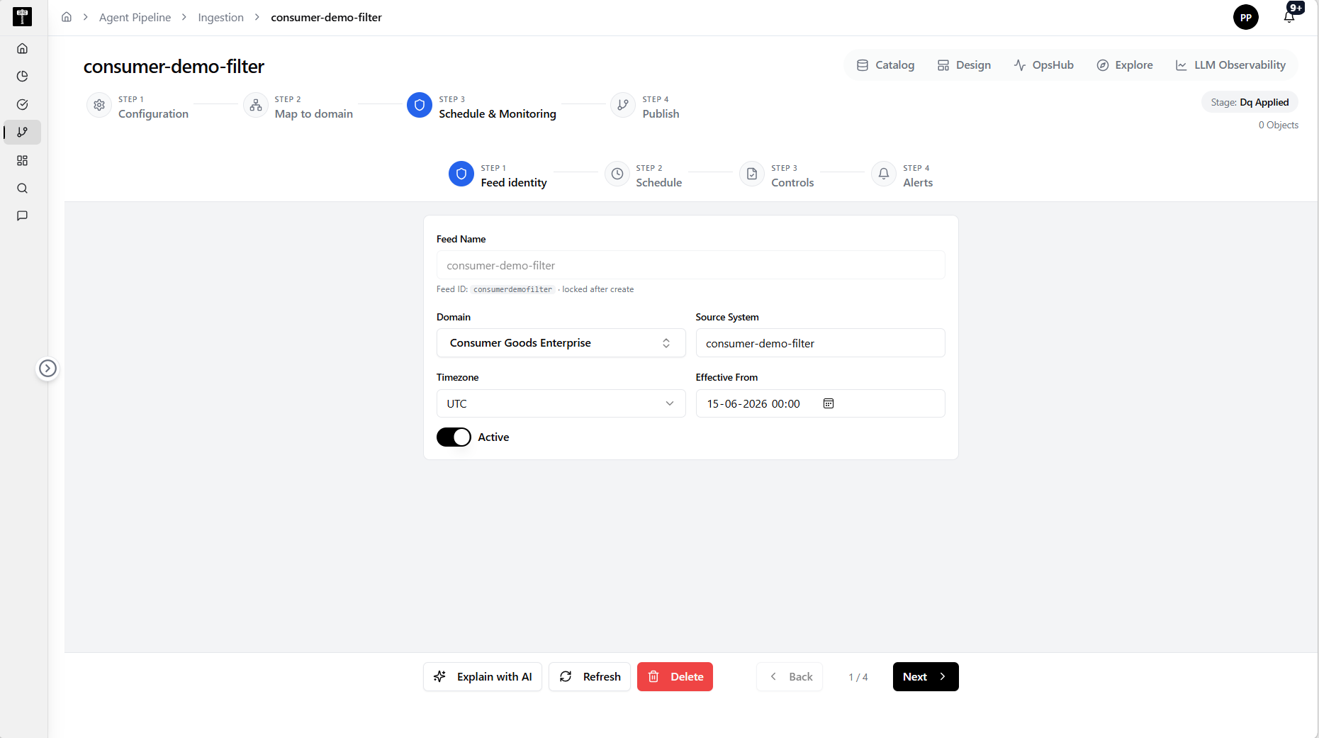 Feed identity showing pipeline name, owner, description, and tags