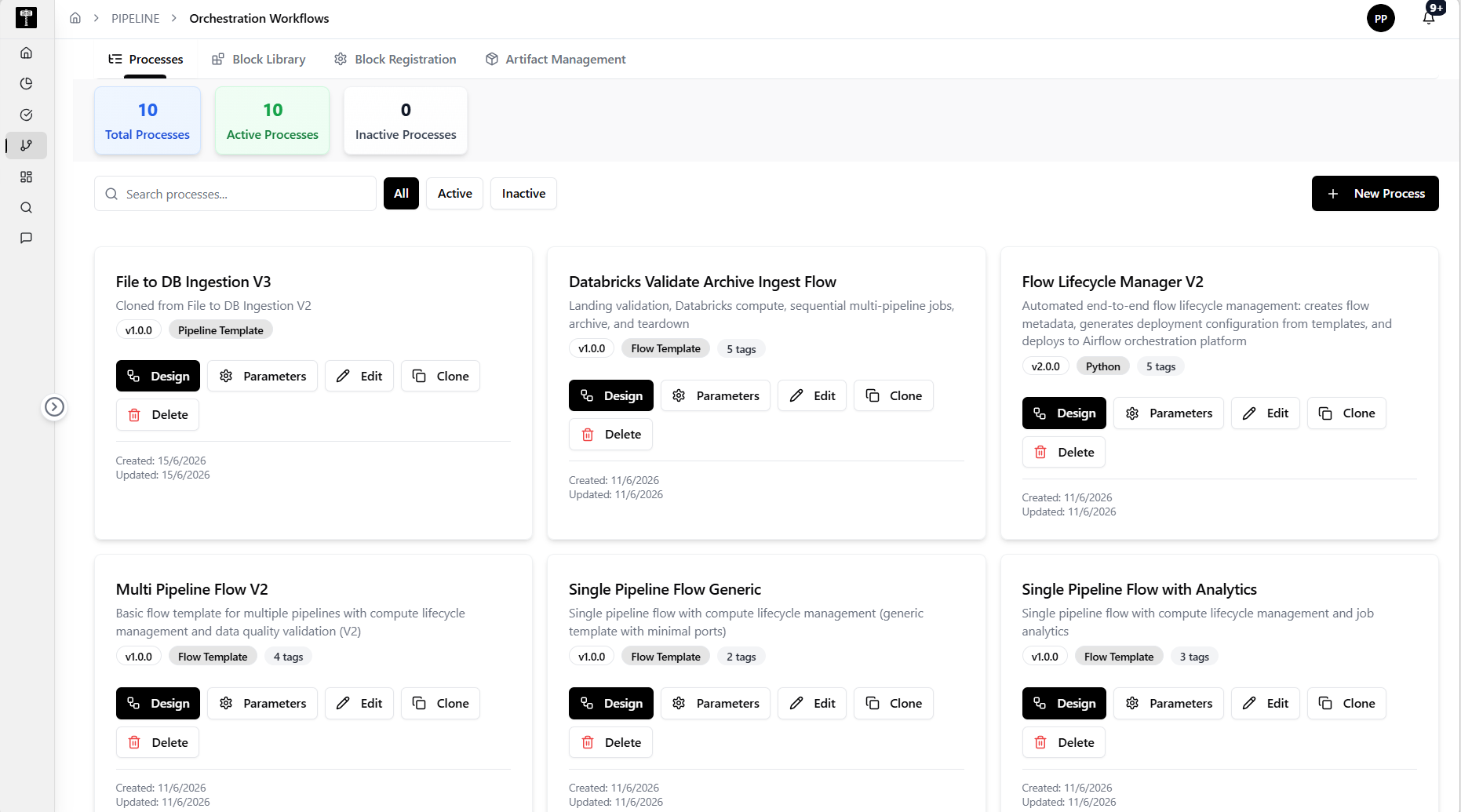 Orchestration Workflows showing a multi-stage pipeline DAG with tasks, dependencies, and run status