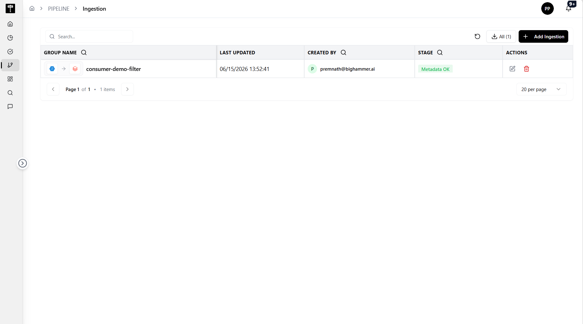 Ingestion list page showing configured ingestion pipelines